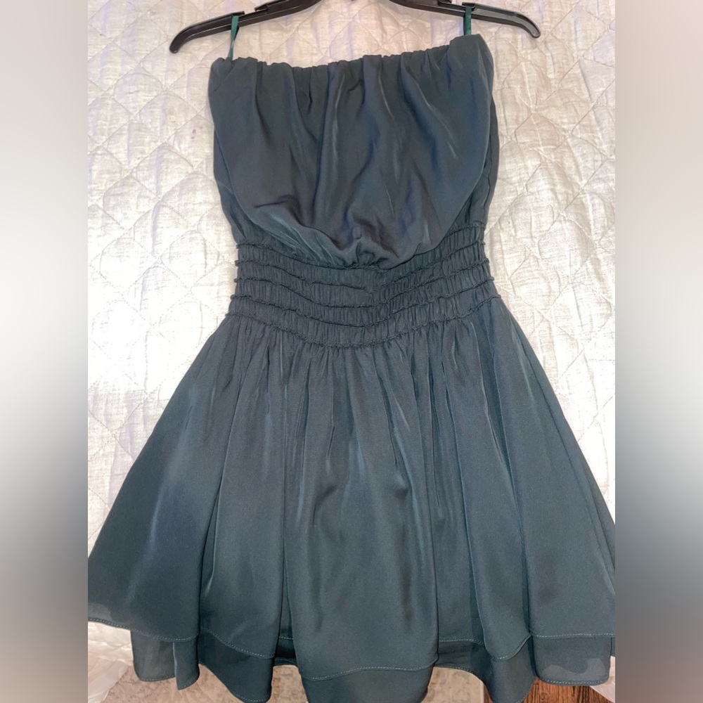 Deep forest green strapless dress. Elastic waist
